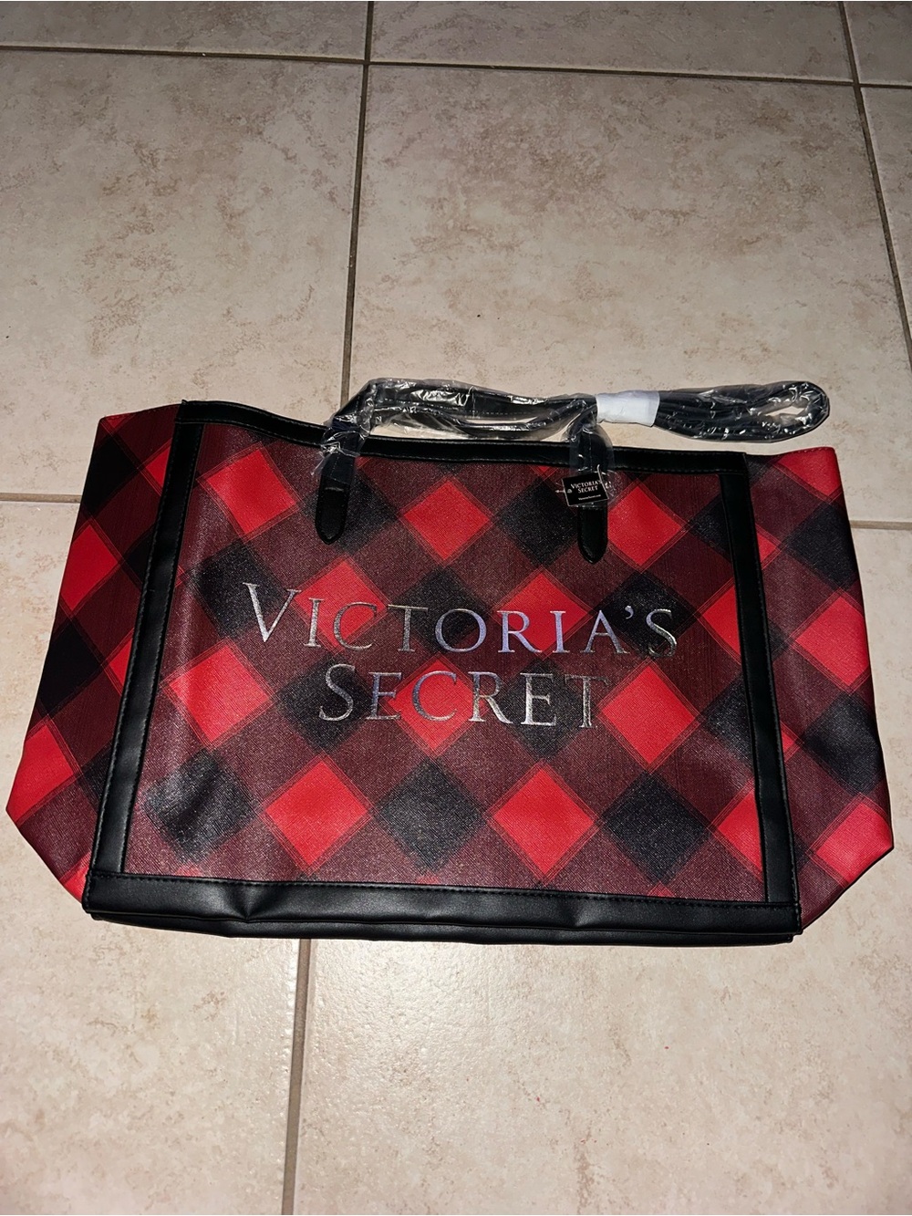 Victoria’s Secret Vintage Red Black Plaid Large Tote Bag Silver Logo NWT